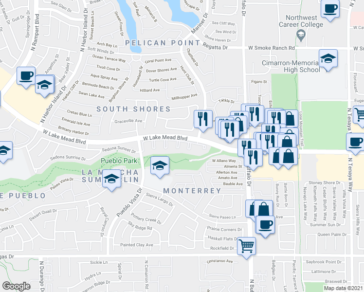 map of restaurants, bars, coffee shops, grocery stores, and more near 1908 High Valley Court in Las Vegas