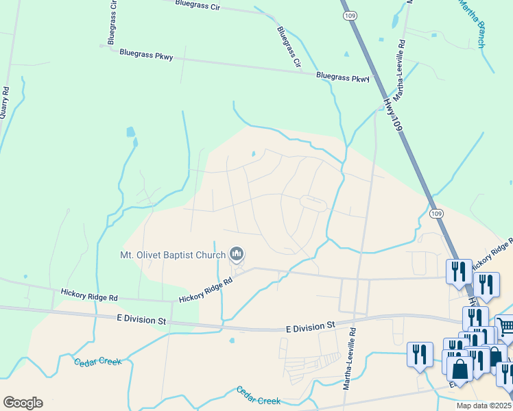 map of restaurants, bars, coffee shops, grocery stores, and more near 6775 Hickory Ridge Road in Lebanon