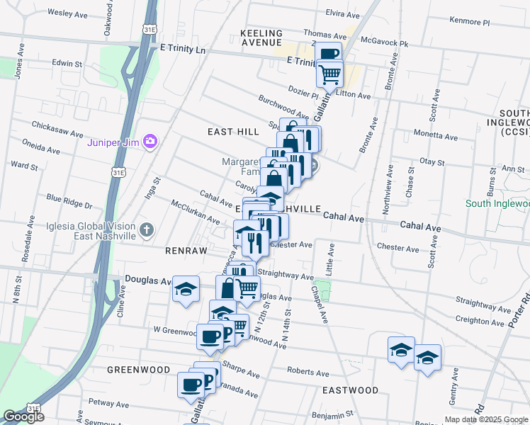 map of restaurants, bars, coffee shops, grocery stores, and more near 1025 Cahal Avenue in Nashville