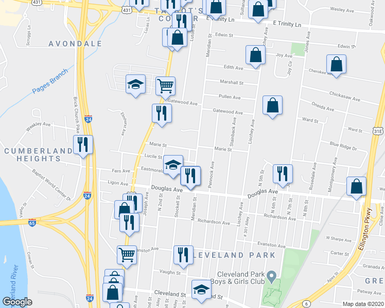 map of restaurants, bars, coffee shops, grocery stores, and more near 1332A Meridian Street in Nashville