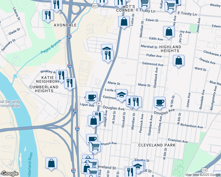 map of restaurants, bars, coffee shops, grocery stores, and more near 112 Lucile Street in Nashville