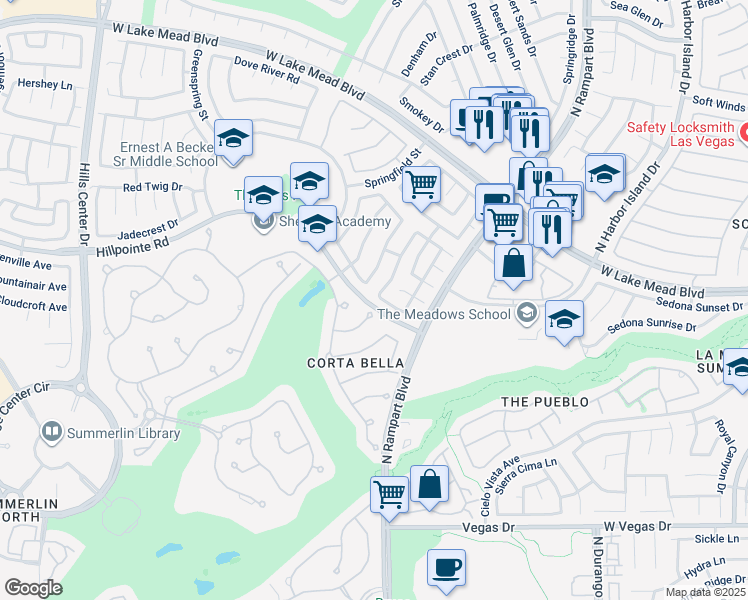 map of restaurants, bars, coffee shops, grocery stores, and more near 8833 Valley Creek Drive in Las Vegas