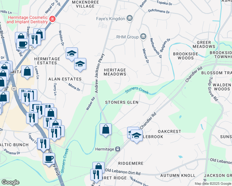 map of restaurants, bars, coffee shops, grocery stores, and more near 1257 Andrew Donelson Drive in Nashville