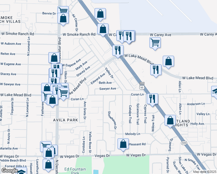 map of restaurants, bars, coffee shops, grocery stores, and more near 4232 Sawyer Ave in Las Vegas