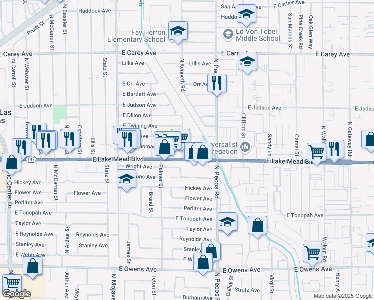 map of restaurants, bars, coffee shops, grocery stores, and more near 3505 Thomas Avenue in North Las Vegas