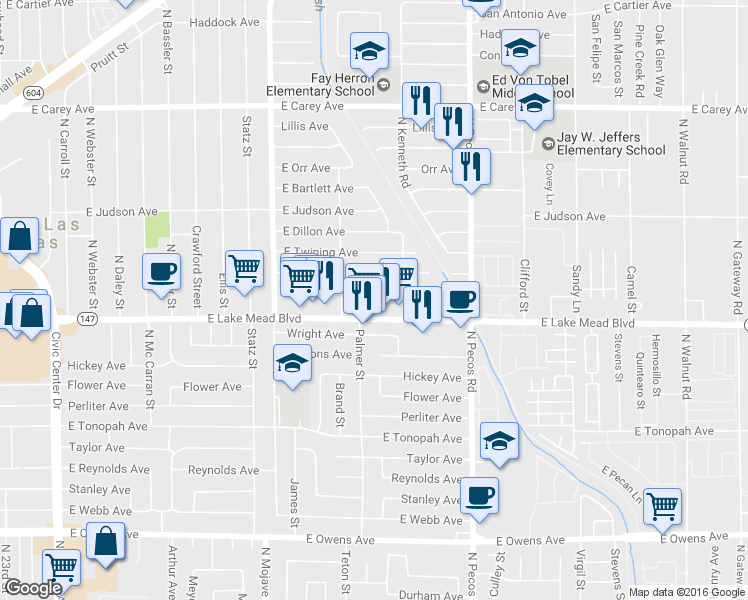 map of restaurants, bars, coffee shops, grocery stores, and more near 3401 Thomas Avenue in North Las Vegas