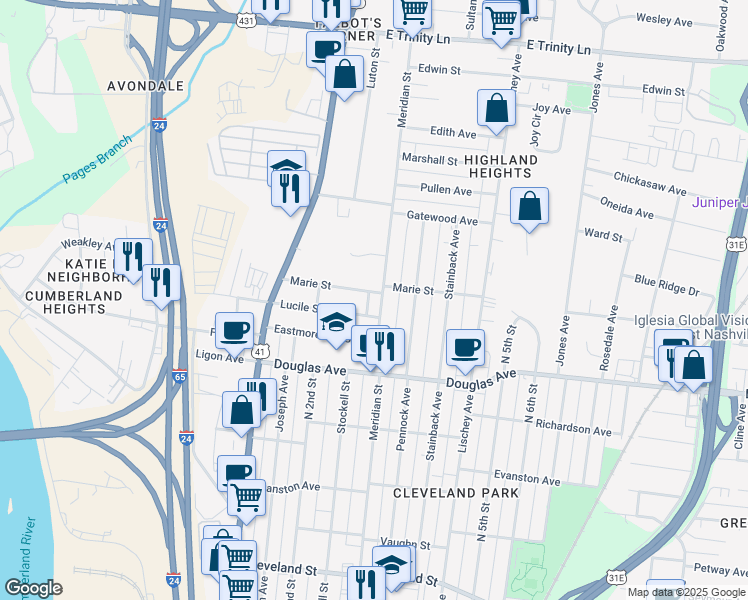 map of restaurants, bars, coffee shops, grocery stores, and more near 1332A Meridian Street in Nashville