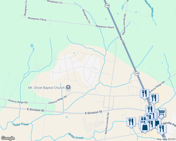 map of restaurants, bars, coffee shops, grocery stores, and more near 6775 Hickory Ridge Road in Lebanon