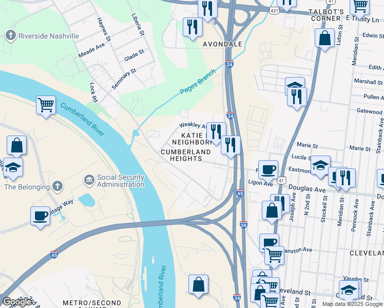 map of restaurants, bars, coffee shops, grocery stores, and more near 1203 Katie Avenue in Nashville