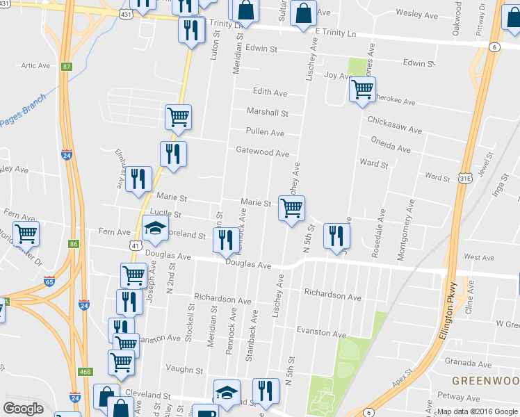 map of restaurants, bars, coffee shops, grocery stores, and more near 1338 Stainback Avenue in Nashville