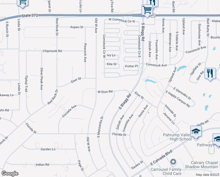map of restaurants, bars, coffee shops, grocery stores, and more near 200 West Eton Road in Pahrump