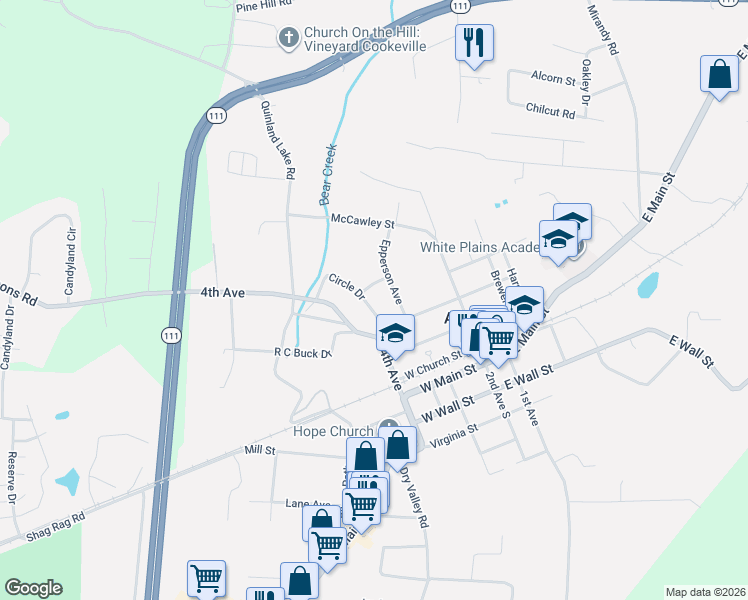 map of restaurants, bars, coffee shops, grocery stores, and more near 159 Epperson Avenue in Cookeville