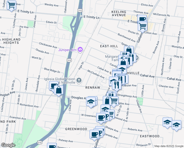 map of restaurants, bars, coffee shops, grocery stores, and more near 916 McClurkan Avenue in Nashville