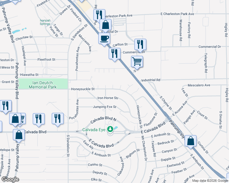 map of restaurants, bars, coffee shops, grocery stores, and more near 2221 Honeysuckle Street in Pahrump