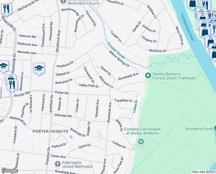 map of restaurants, bars, coffee shops, grocery stores, and more near 1804 Rosebank Avenue in Nashville