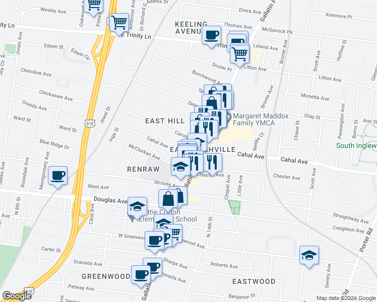 map of restaurants, bars, coffee shops, grocery stores, and more near 1025 Cahal Avenue in Nashville