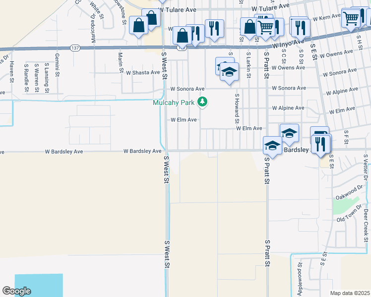 map of restaurants, bars, coffee shops, grocery stores, and more near 657 South Santa Clara Street in Tulare
