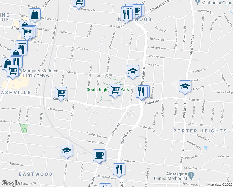 map of restaurants, bars, coffee shops, grocery stores, and more near 1627 Rebecca Street in Nashville