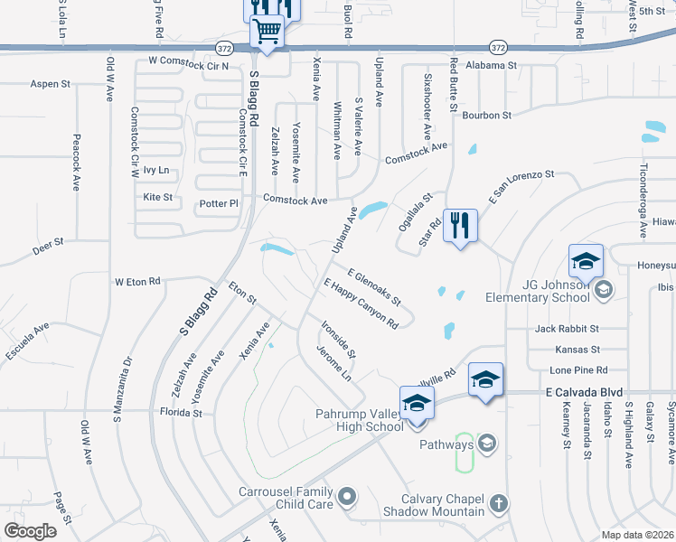 map of restaurants, bars, coffee shops, grocery stores, and more near 231 East Glenoaks Street in Pahrump