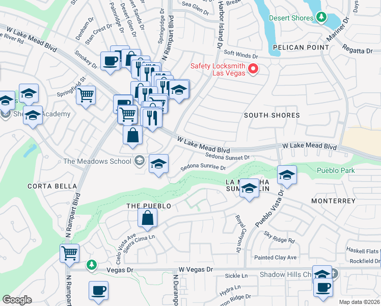 map of restaurants, bars, coffee shops, grocery stores, and more near 2028 Sedona Creek Circle in Las Vegas