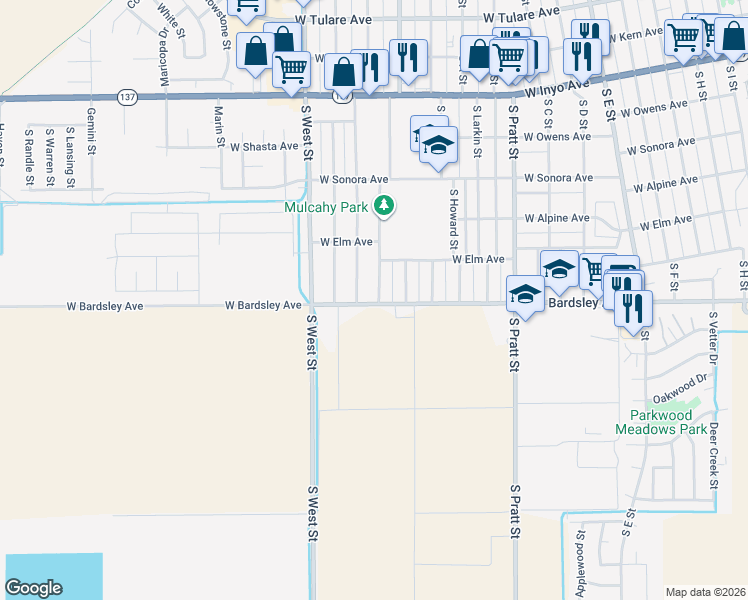 map of restaurants, bars, coffee shops, grocery stores, and more near 665 South Sacramento Street in Tulare