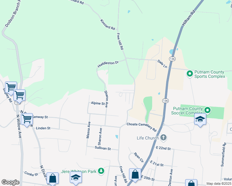 map of restaurants, bars, coffee shops, grocery stores, and more near 435 Juniper Dr in Cookeville
