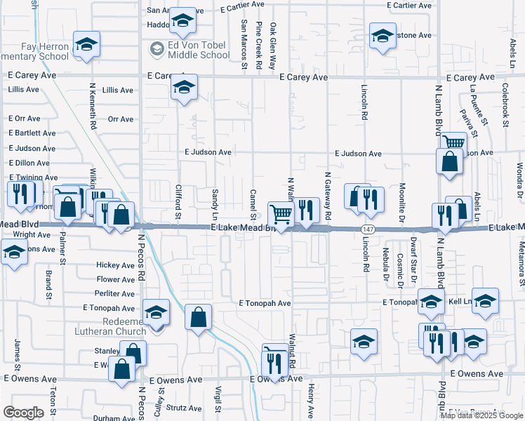 map of restaurants, bars, coffee shops, grocery stores, and more near 2030 Camel Street in Las Vegas