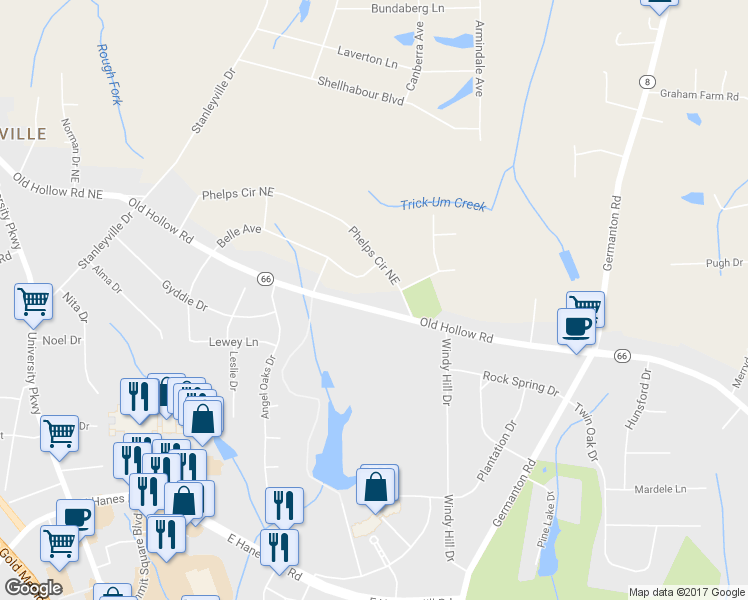 map of restaurants, bars, coffee shops, grocery stores, and more near 357 Old Hollow Road in Winston-Salem