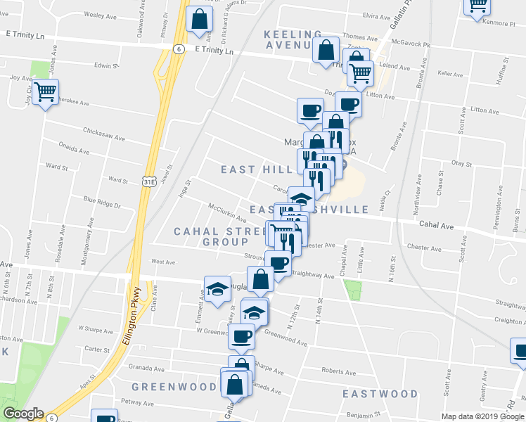 map of restaurants, bars, coffee shops, grocery stores, and more near 1014 Cahal Avenue in Nashville
