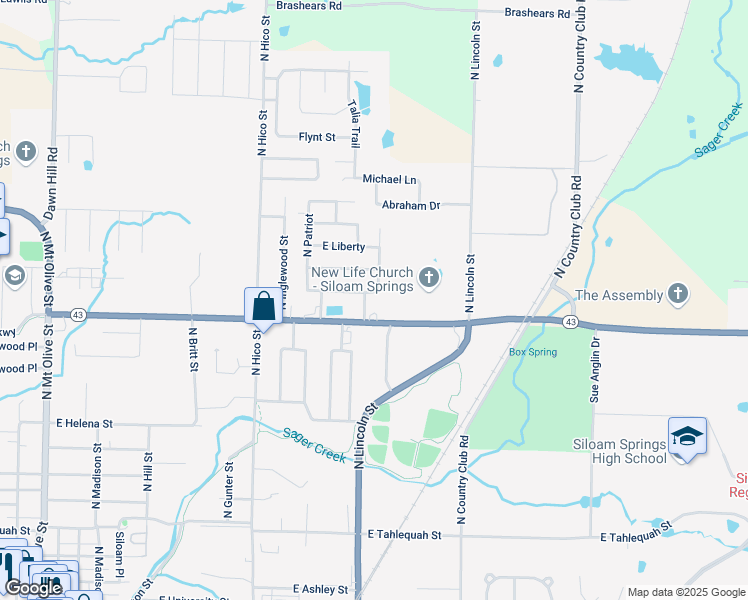 map of restaurants, bars, coffee shops, grocery stores, and more near 1400 East Freedom in Siloam Springs