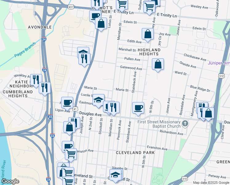 map of restaurants, bars, coffee shops, grocery stores, and more near 1336 Pennock Avenue in Nashville
