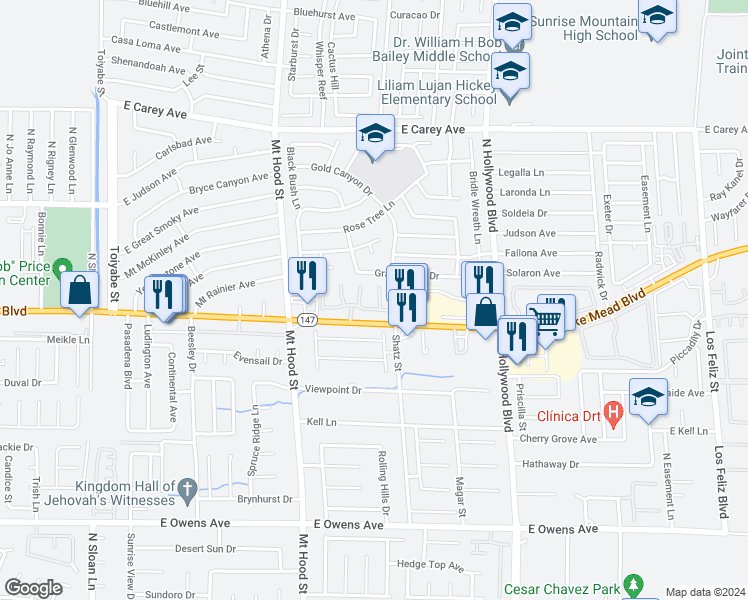 map of restaurants, bars, coffee shops, grocery stores, and more near 6420 East Elwood Mead Avenue in Las Vegas