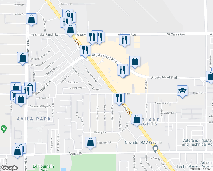 map of restaurants, bars, coffee shops, grocery stores, and more near 2011 Sue Court in Las Vegas