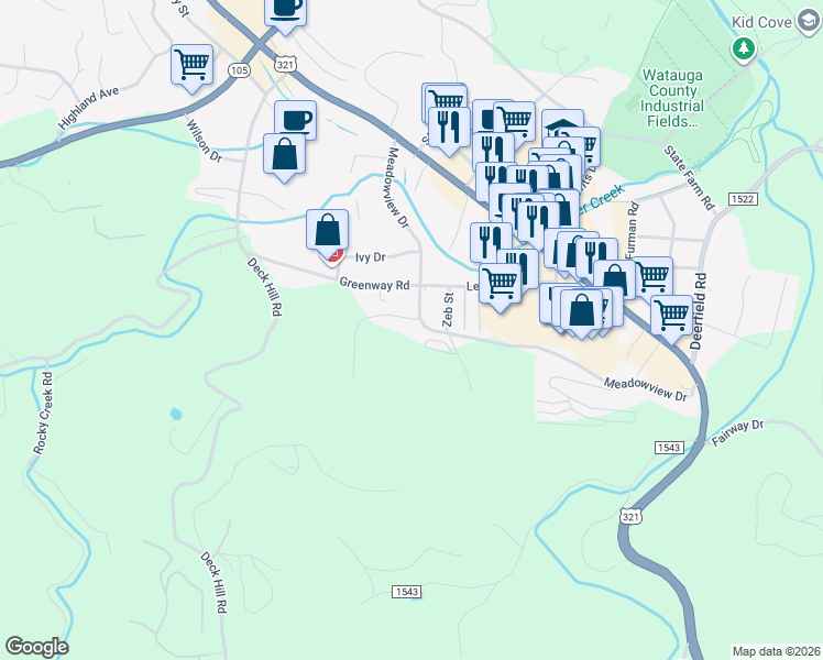 map of restaurants, bars, coffee shops, grocery stores, and more near 523d Meadowview Drive in Boone