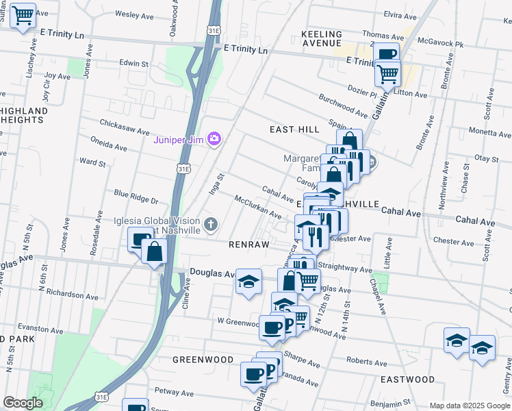 map of restaurants, bars, coffee shops, grocery stores, and more near 916 McClurkan Avenue in Nashville