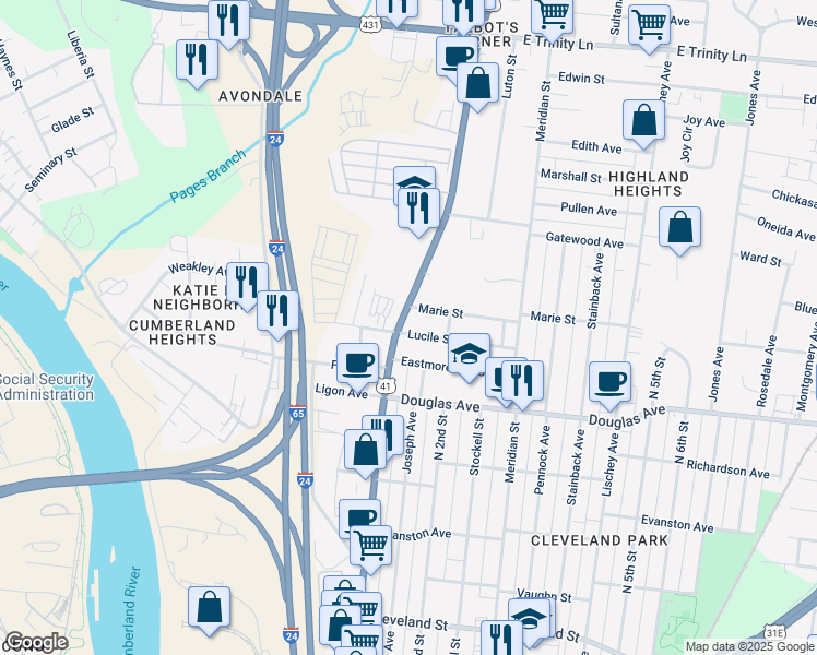 map of restaurants, bars, coffee shops, grocery stores, and more near in Nashville