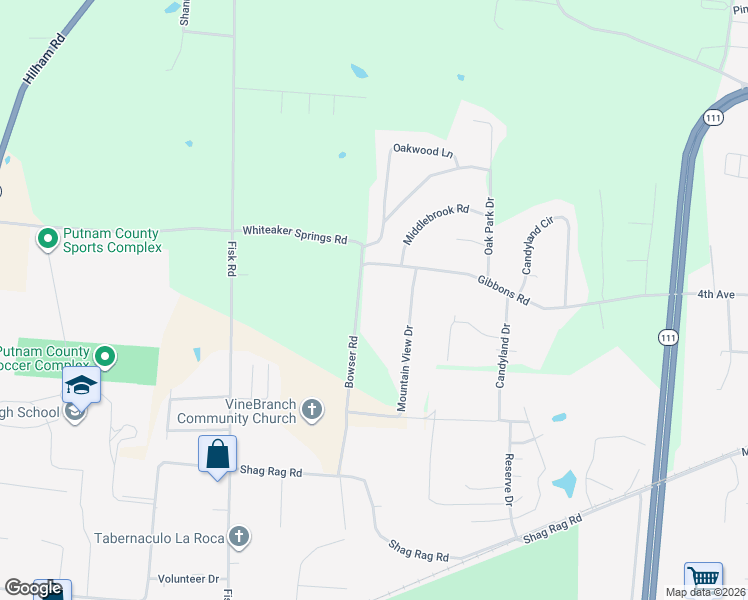 map of restaurants, bars, coffee shops, grocery stores, and more near 2525 Bowser Road in Cookeville