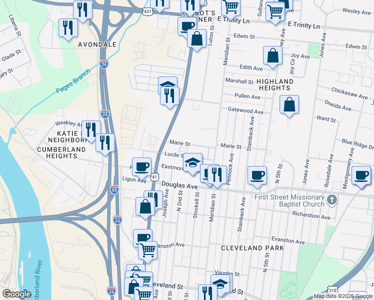 map of restaurants, bars, coffee shops, grocery stores, and more near 131 Lucile Street in Nashville