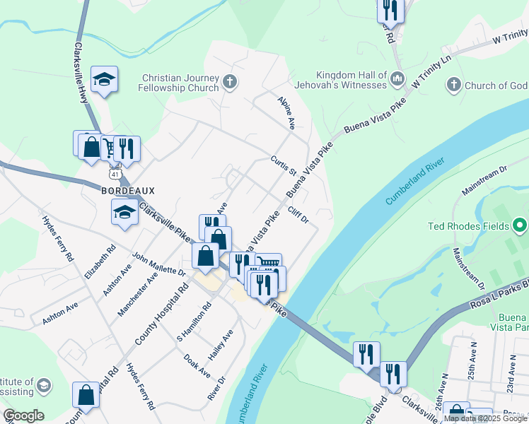 map of restaurants, bars, coffee shops, grocery stores, and more near 2133 Buena Vista Pike in Nashville