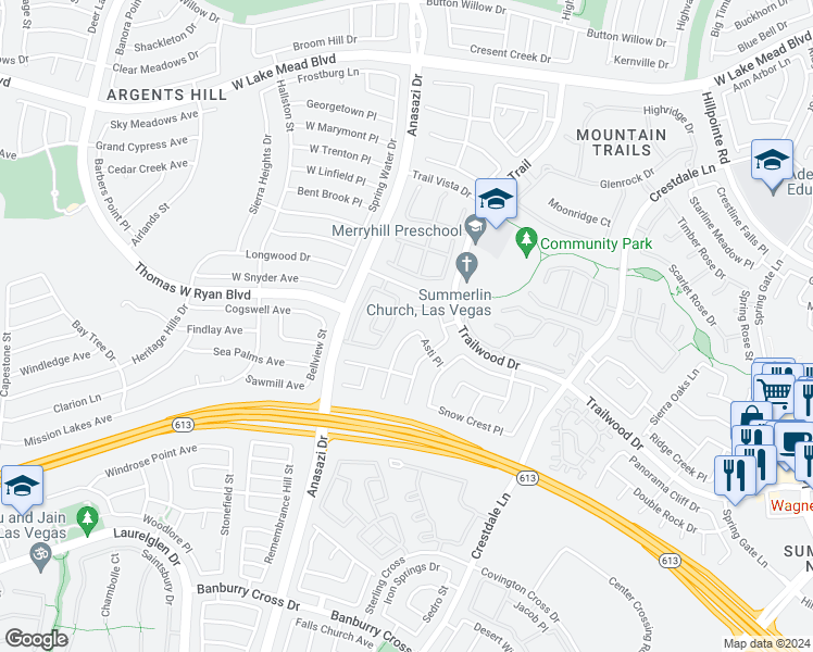 map of restaurants, bars, coffee shops, grocery stores, and more near 1989 Verbania Drive in Las Vegas