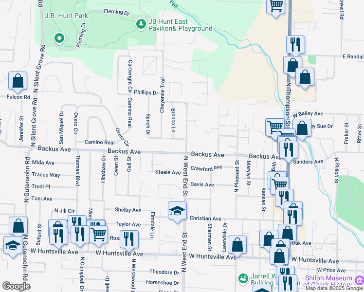 map of restaurants, bars, coffee shops, grocery stores, and more near 1102 North West End Street in Springdale