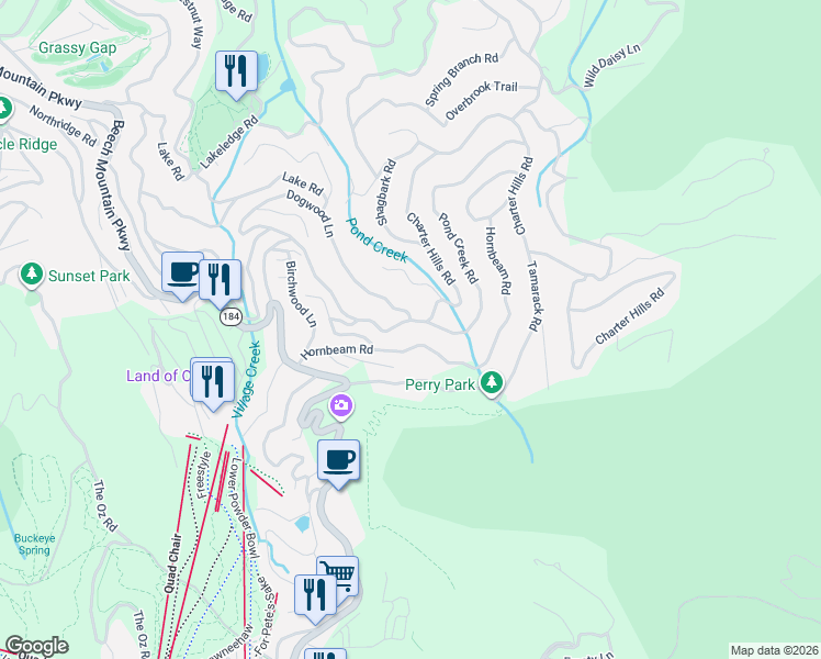 map of restaurants, bars, coffee shops, grocery stores, and more near 133 Hornbeam Road in Beech Mountain