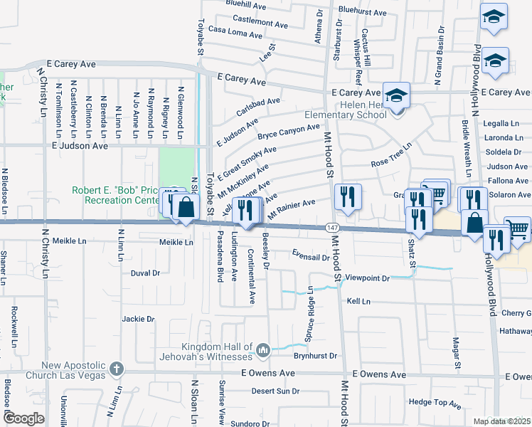 map of restaurants, bars, coffee shops, grocery stores, and more near 6104 Mount Rainier Avenue in Las Vegas