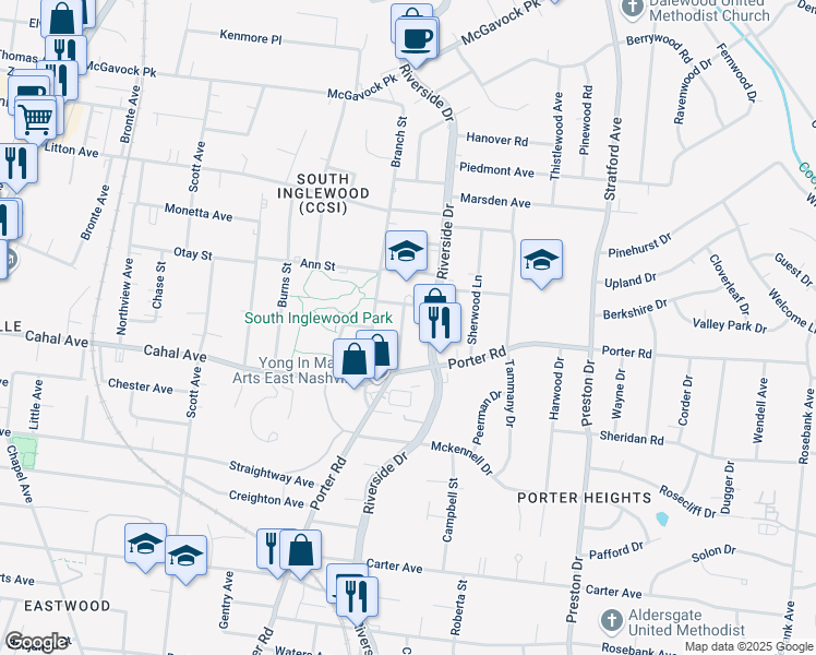 map of restaurants, bars, coffee shops, grocery stores, and more near 1614 Riverside Drive in Nashville