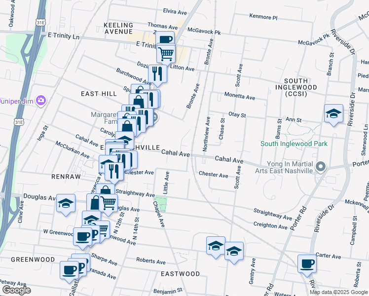 map of restaurants, bars, coffee shops, grocery stores, and more near 1151 Cahal Ave in Nashville