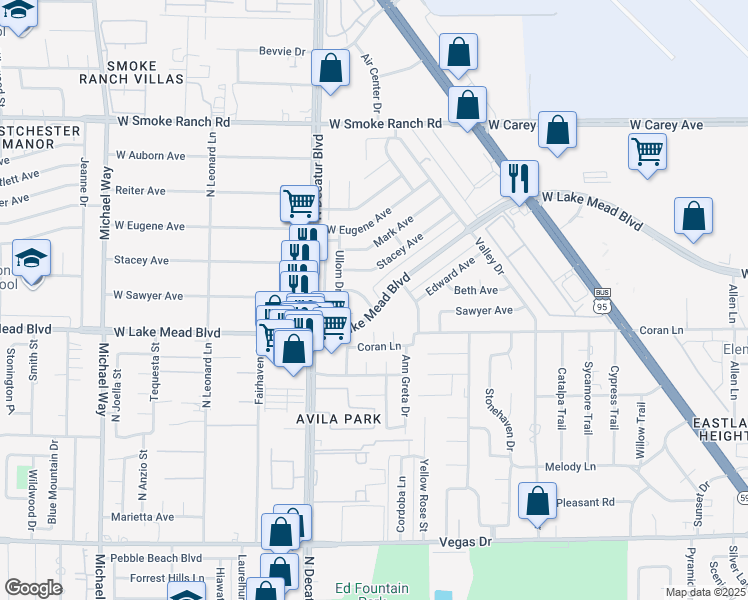 map of restaurants, bars, coffee shops, grocery stores, and more near 4600 Sawyer Avenue in Las Vegas
