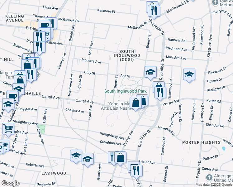 map of restaurants, bars, coffee shops, grocery stores, and more near 2119C Burns Street in Nashville