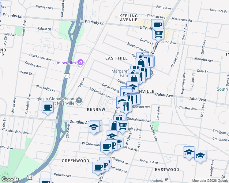 map of restaurants, bars, coffee shops, grocery stores, and more near 1014 Cahal Avenue in Nashville