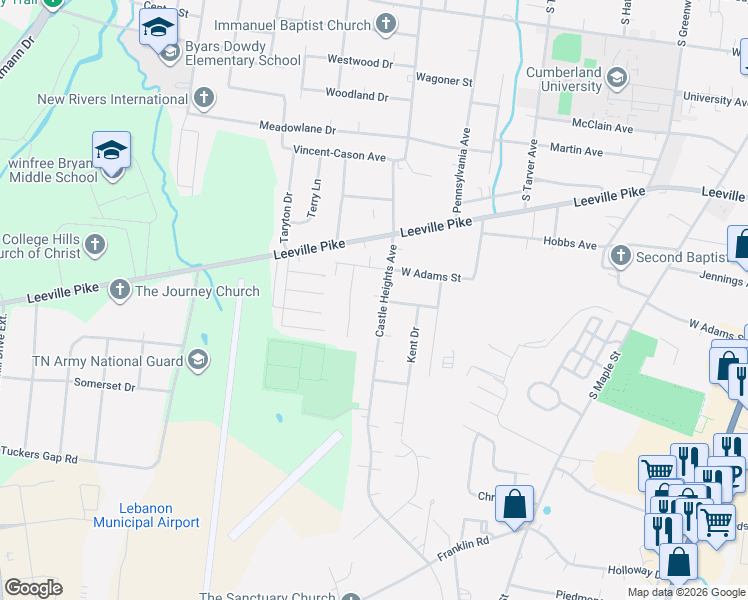 map of restaurants, bars, coffee shops, grocery stores, and more near 706 Castle Heights Avenue in Lebanon