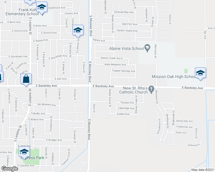 map of restaurants, bars, coffee shops, grocery stores, and more near East Bardsley Avenue in Tulare